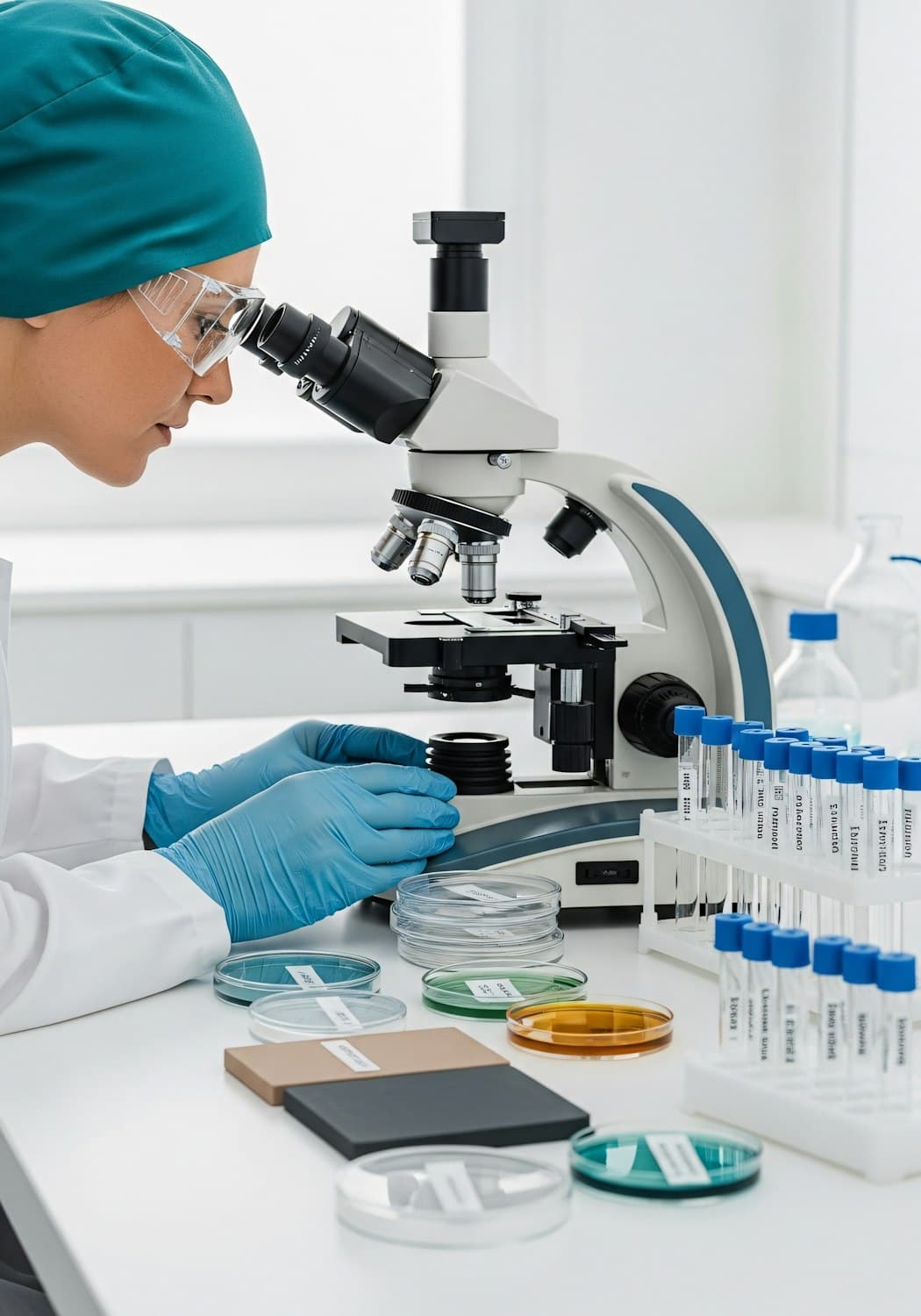 Researcher examining a bacterial culture under a microscope in a laboratory